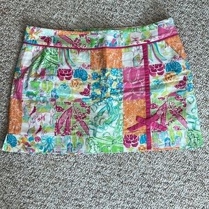 Multi-colored patchwork skort, size 12. Excellent condition, except lining.